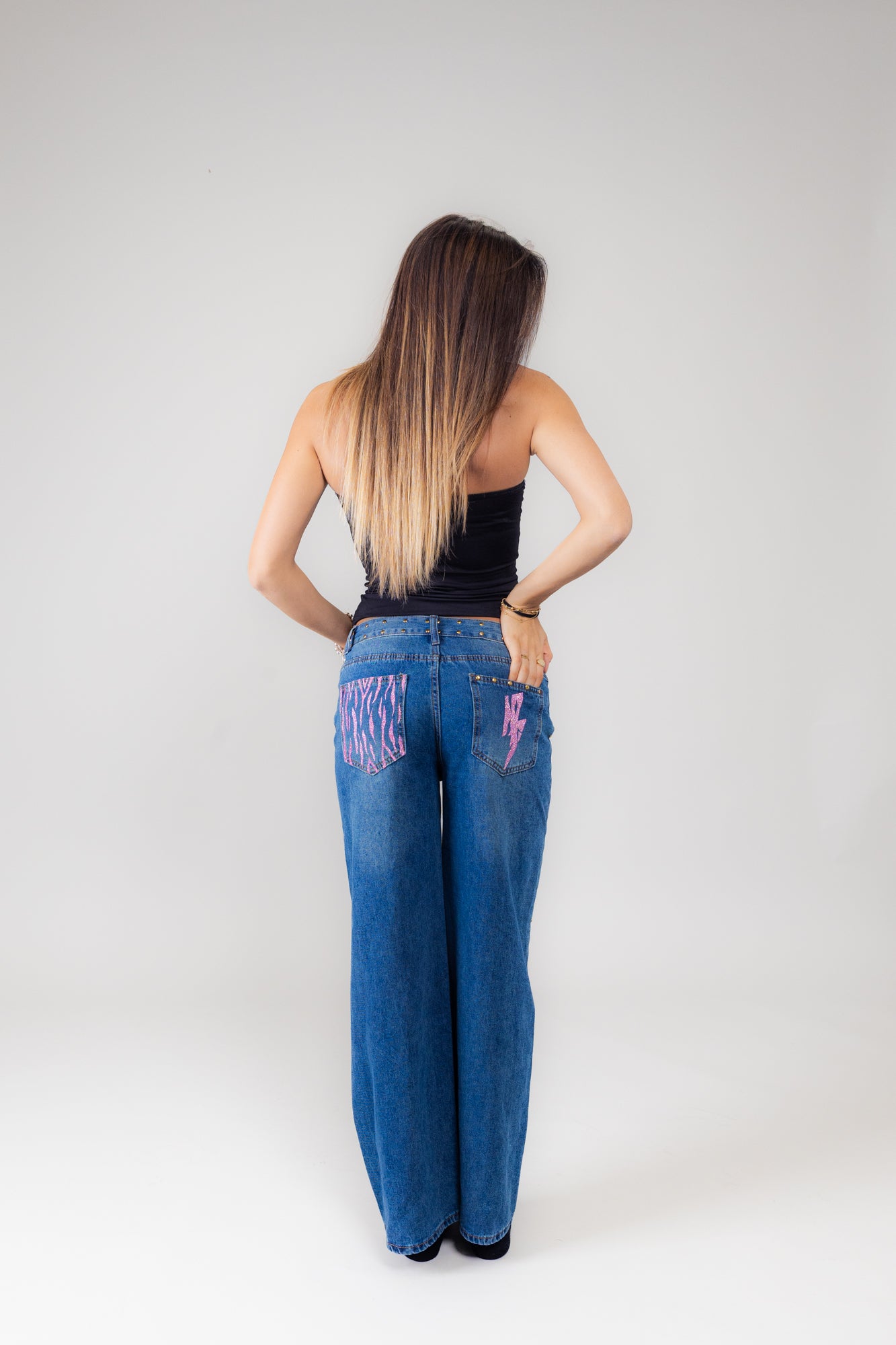 Jeans blu zebrato rosa