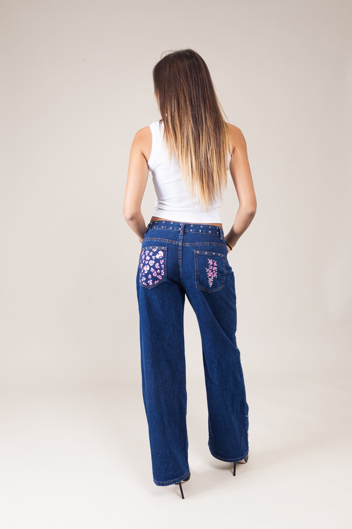 Jeans blu Leopardato Rosa Argento