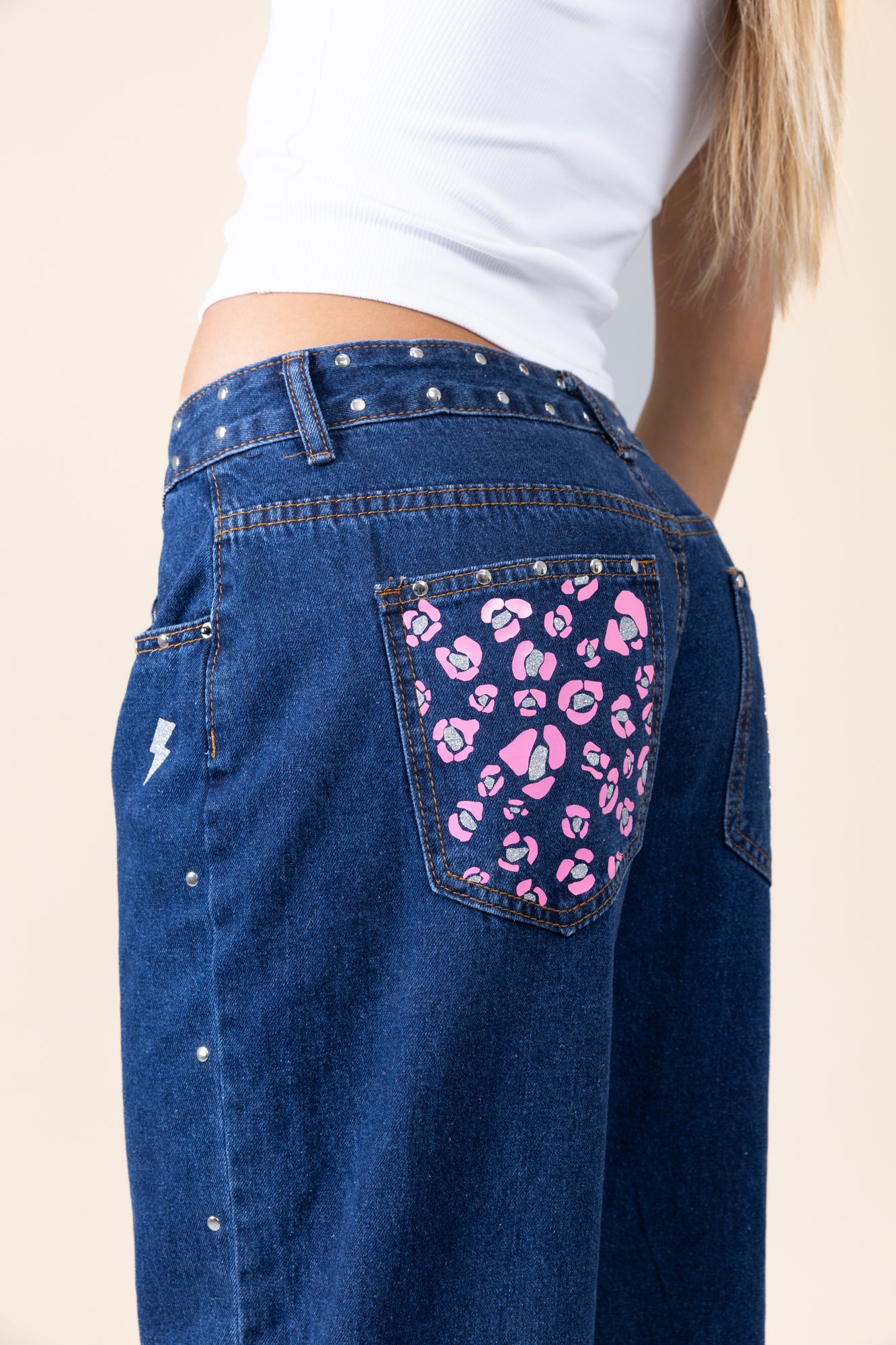 Jeans blu Leopardato Rosa Argento