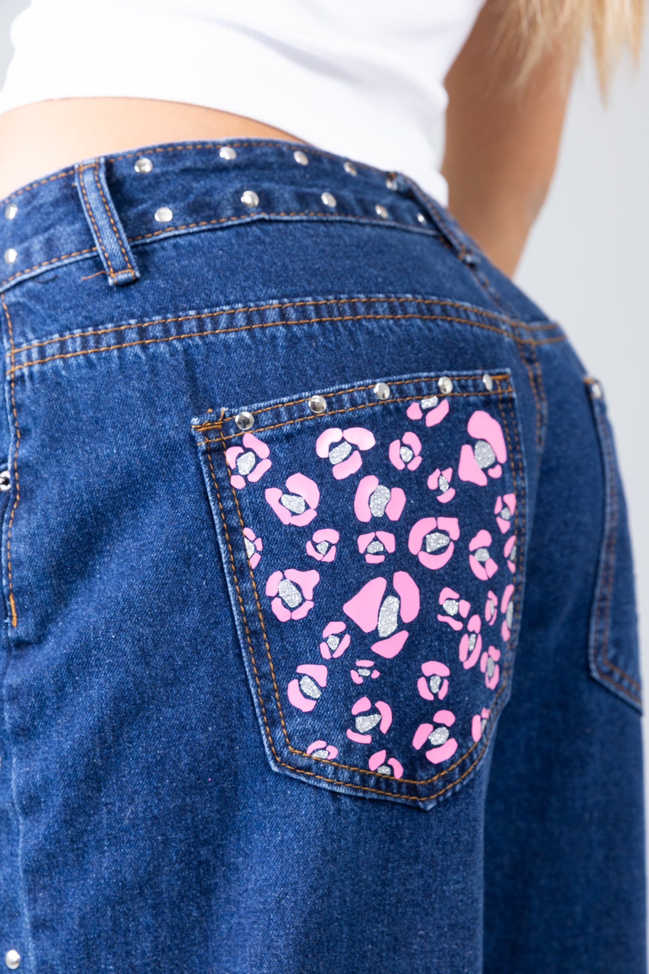 Jeans blu Leopardato Rosa Argento