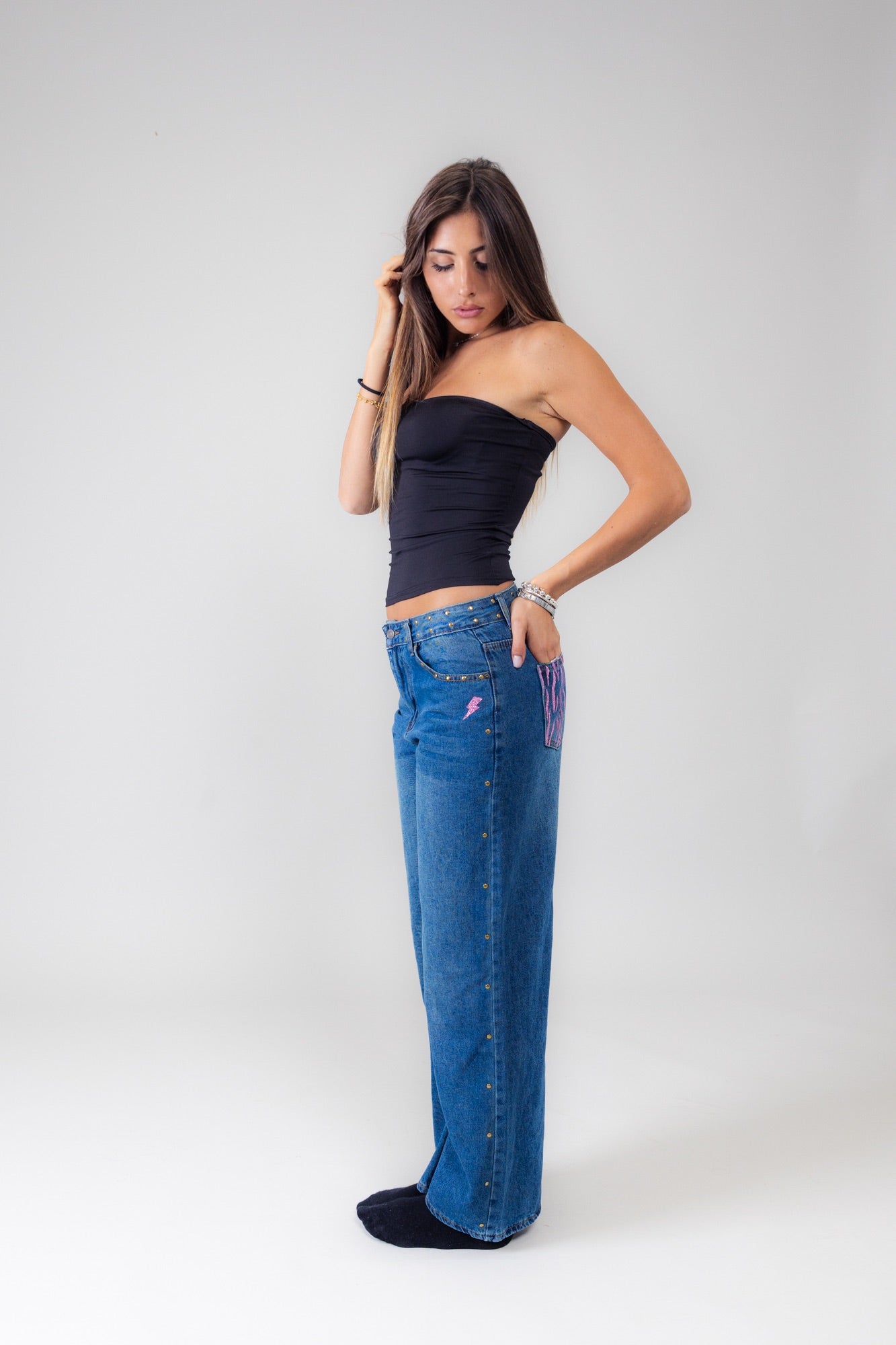 Jeans blu zebrato rosa