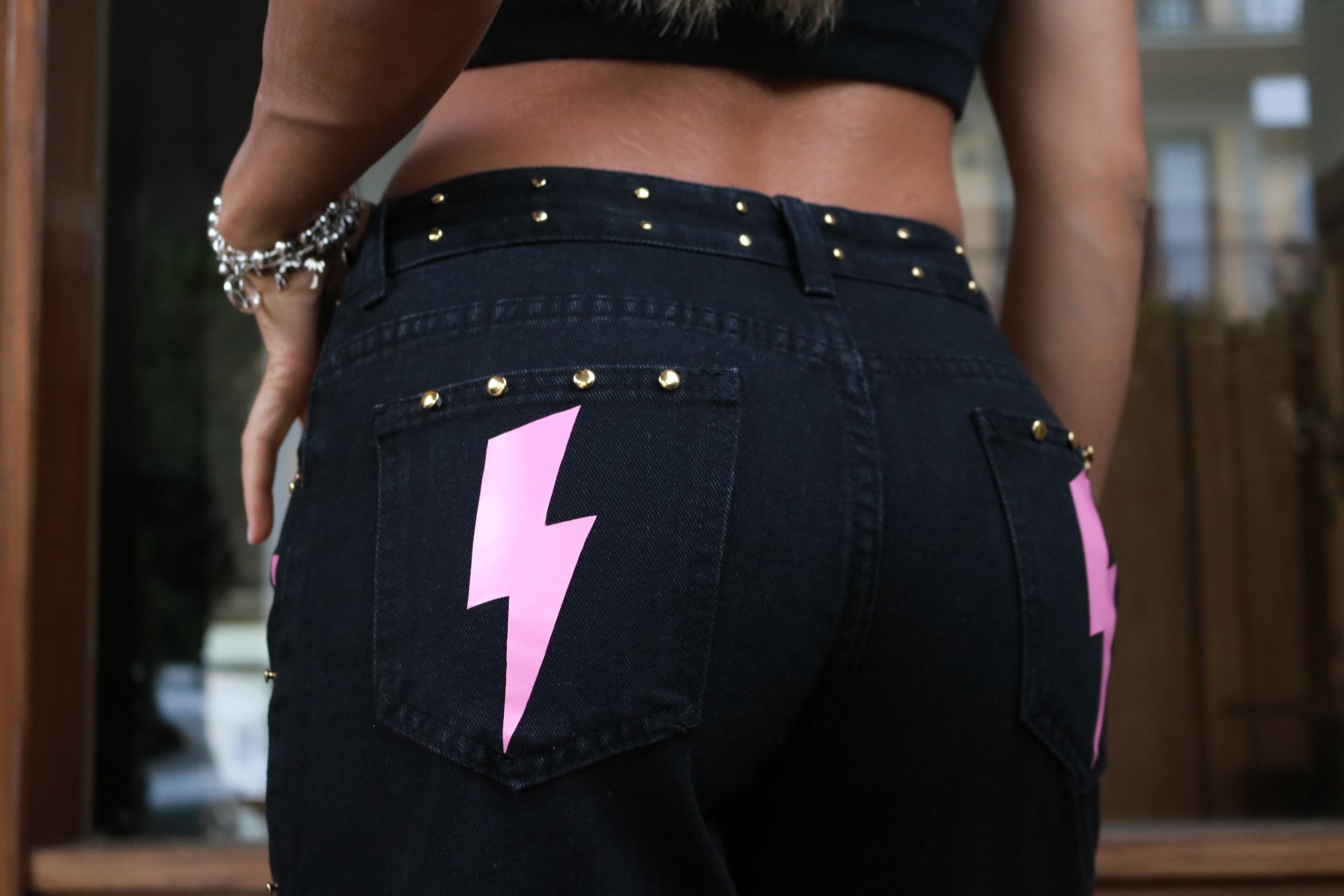 Jeans nero Fulmine rosa