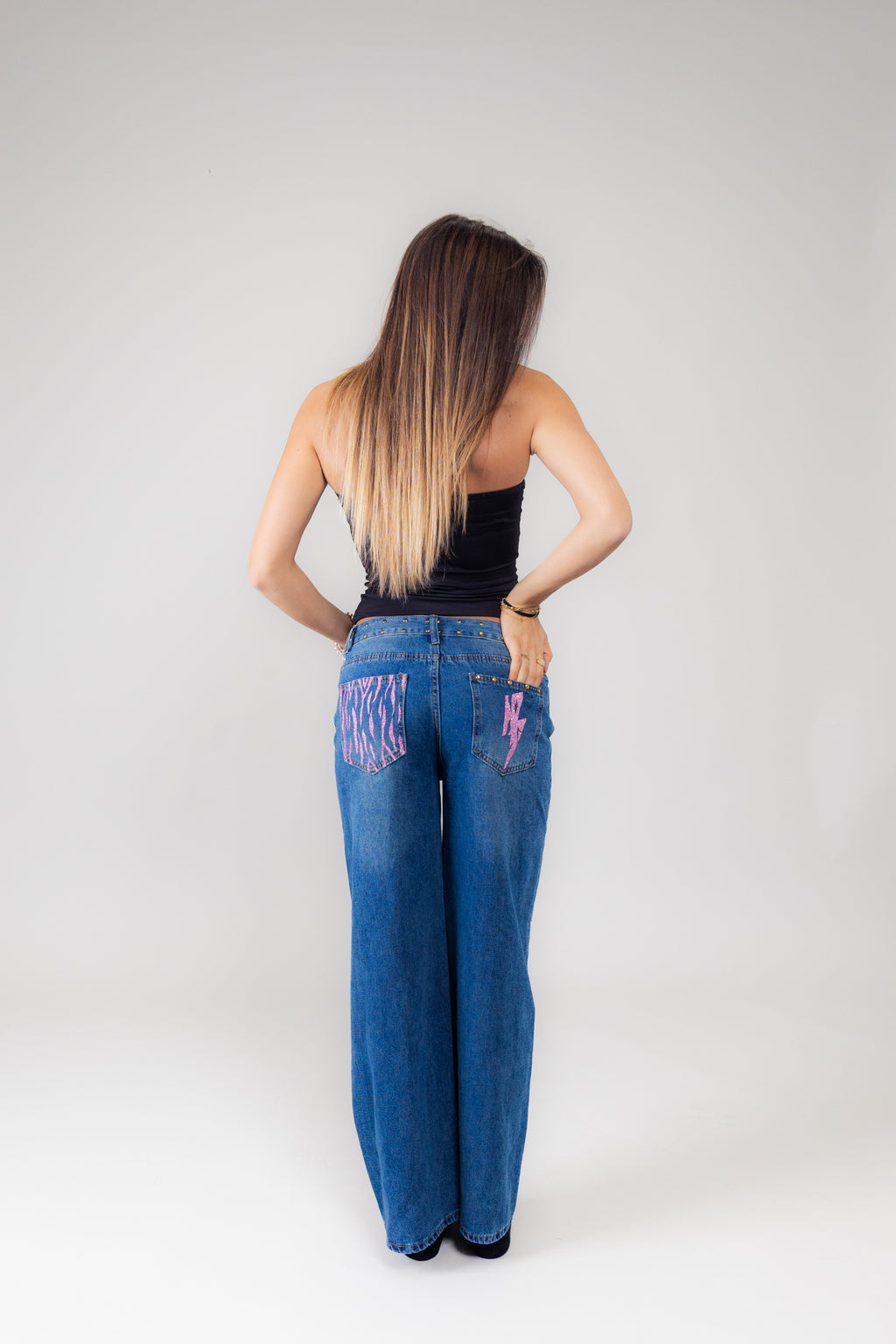 Jeans blu zebrato rosa