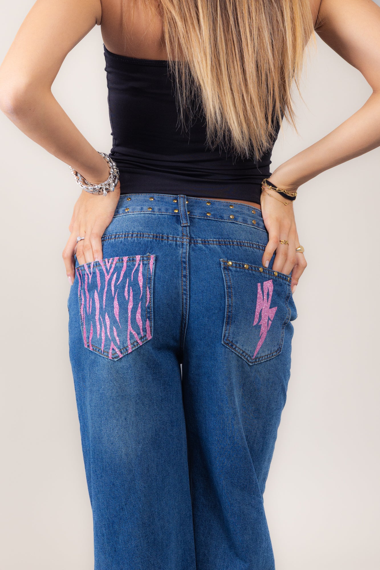 Jeans blu zebrato rosa