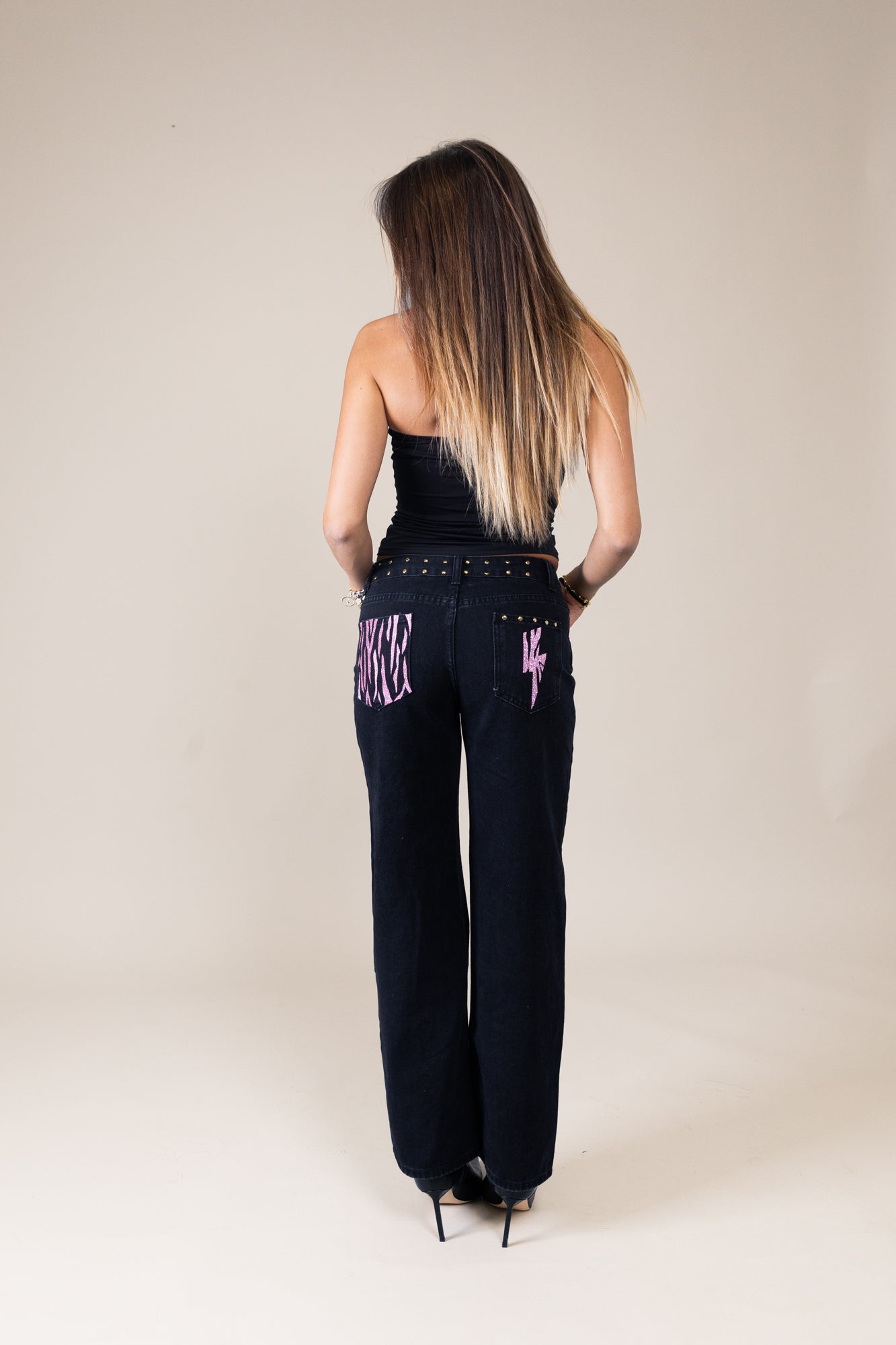 jeans nero zebrato rosa