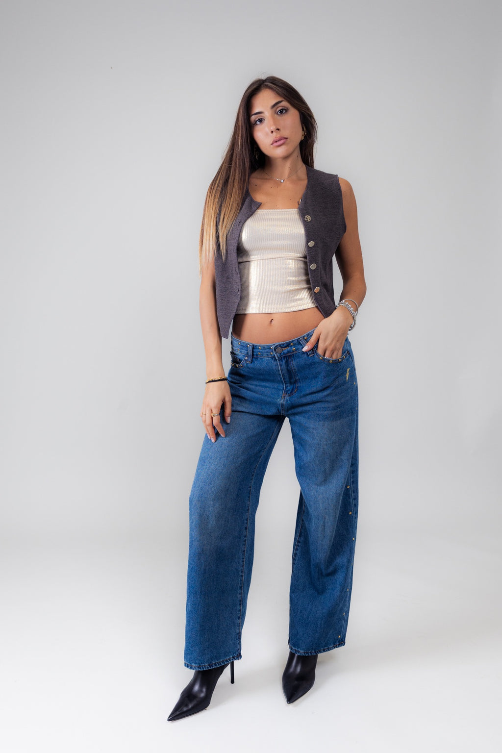 Jeans blu tasca zebrata oro