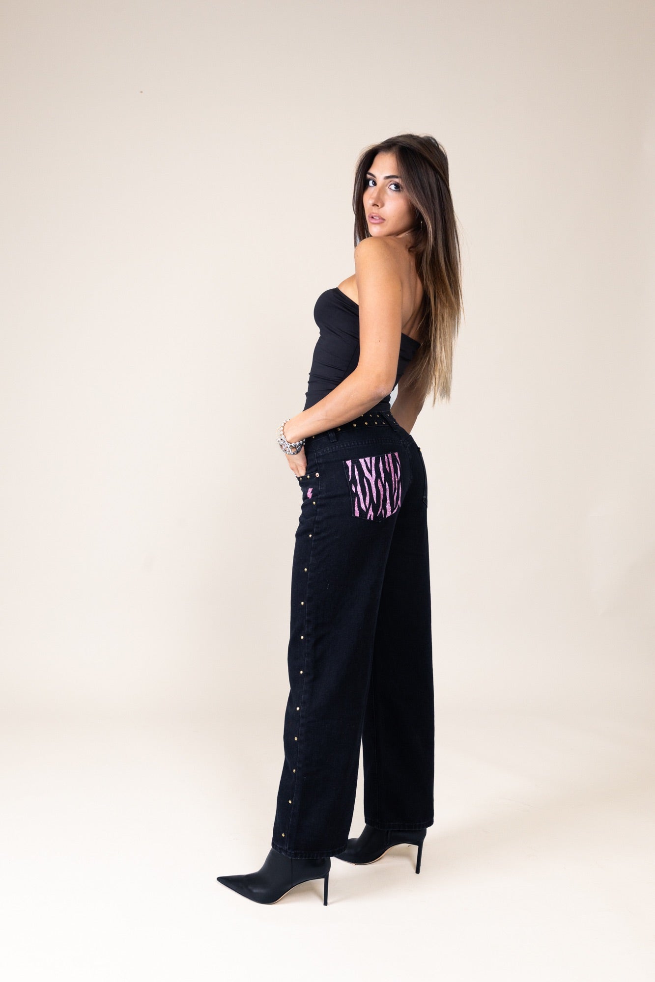 jeans nero zebrato rosa