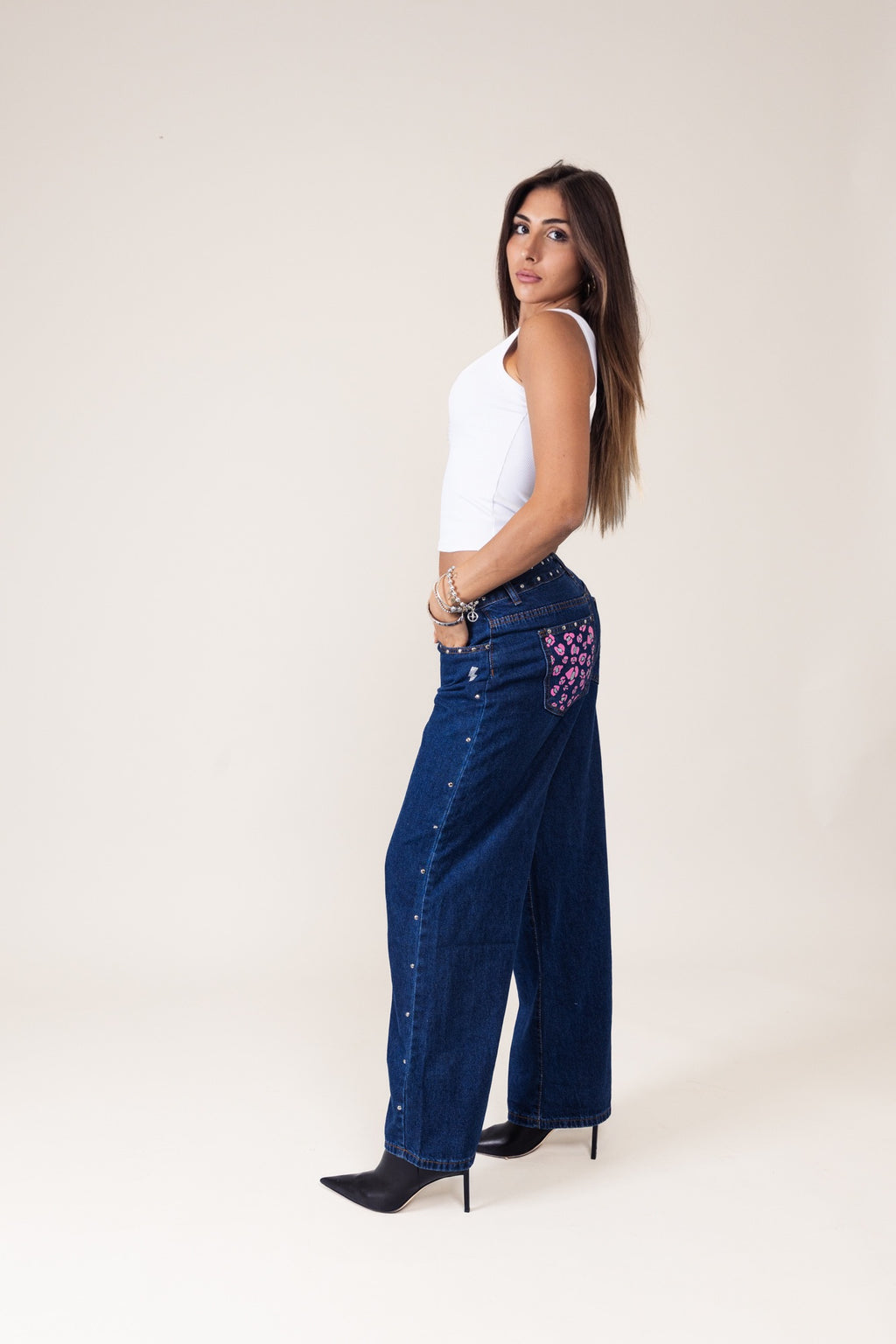 Jeans blu Leopardato Rosa Argento