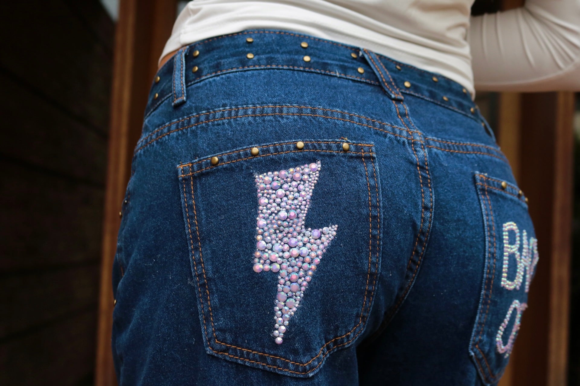 Jeans blu Fulmine strass rosa
