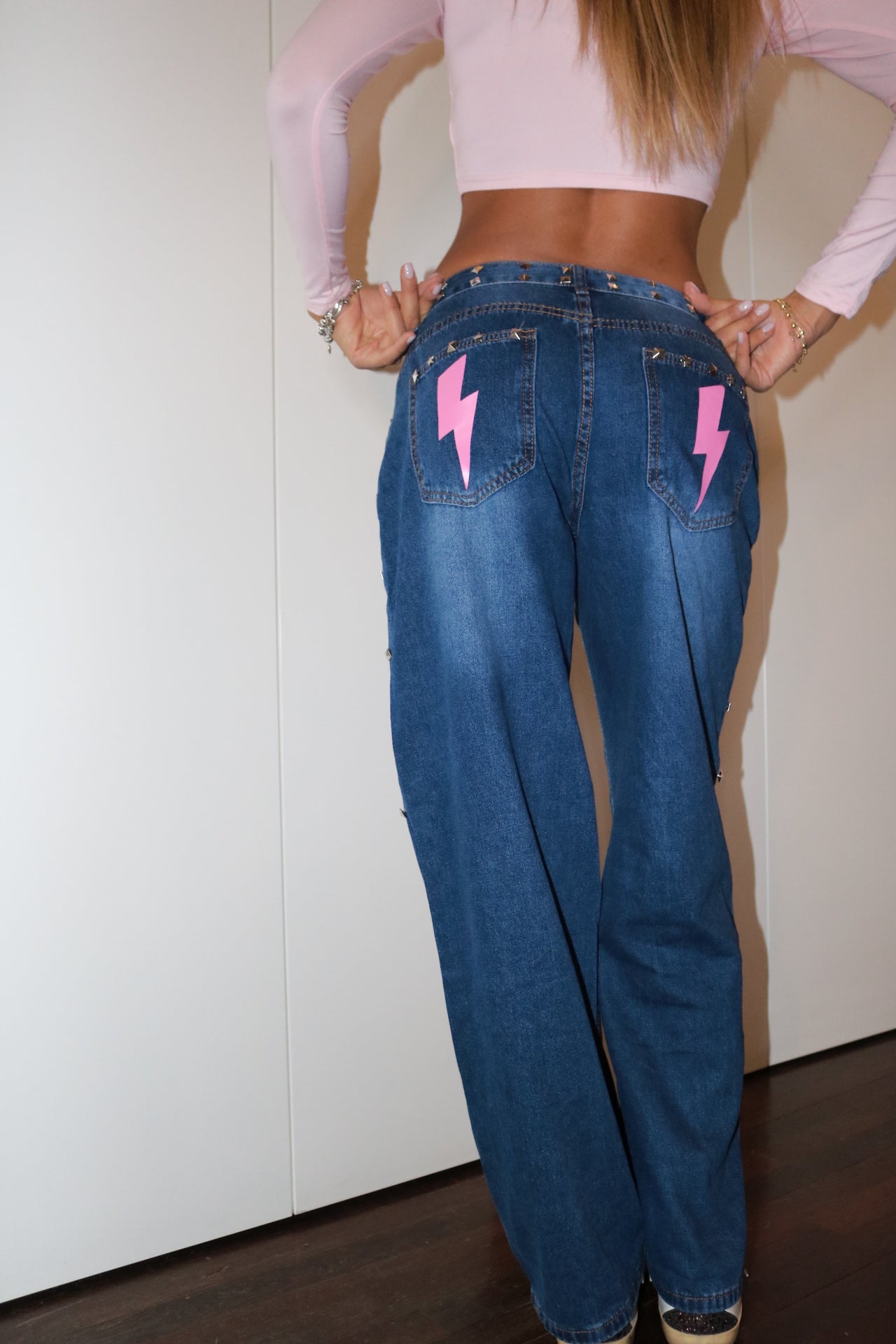 Jeans blu Fulmine rosa